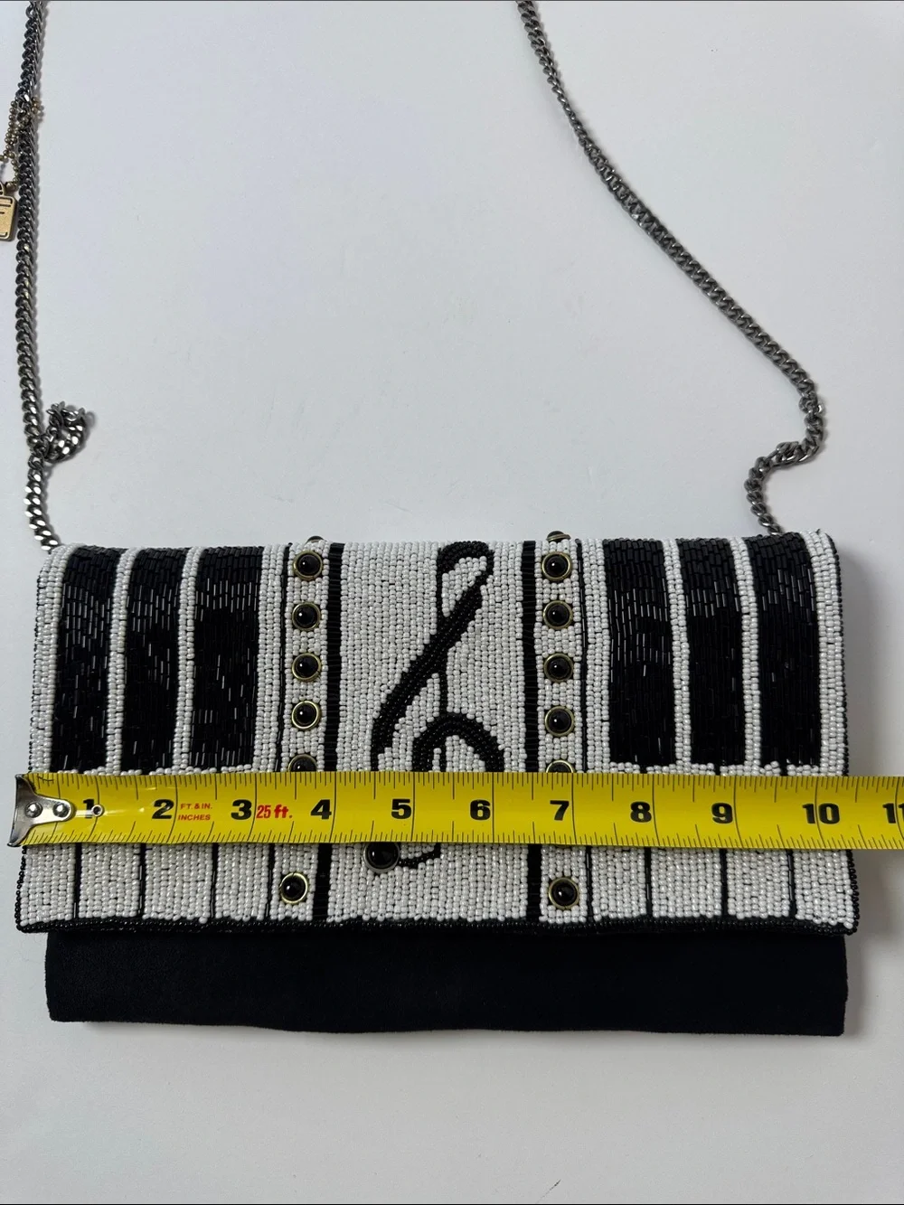 MARY FRANCES Keyed Up Beaded Piano Keyboard Clutch Crossbody Treble Clef Detail